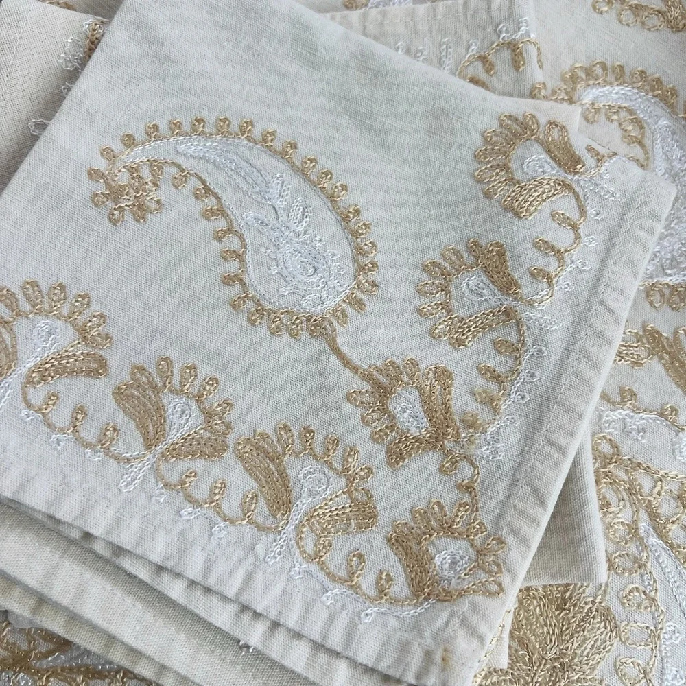 Vintage Aghabani Embroidered Orientalist Cotton Silk Tablecloth + 10 Napkins